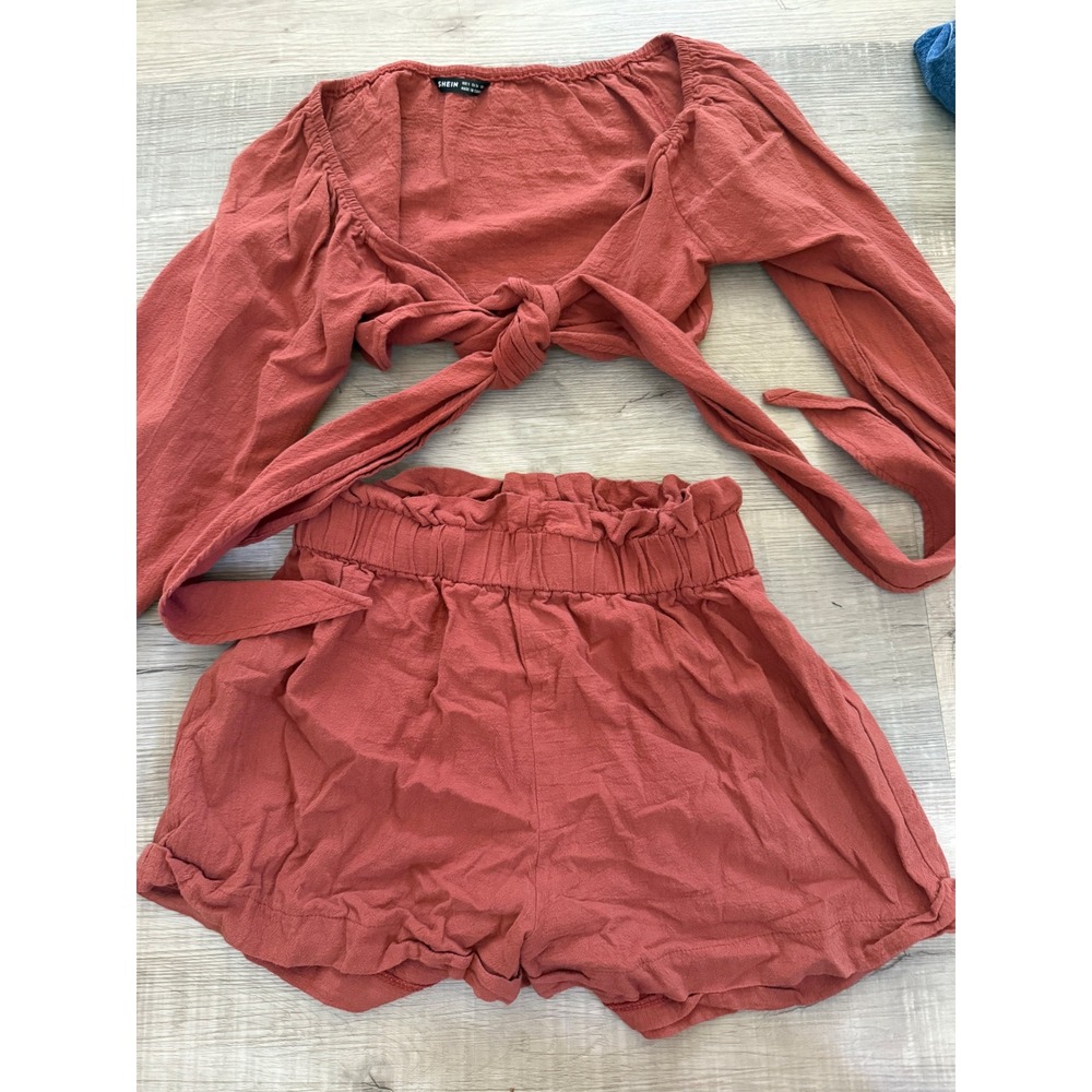 SHEIN 100% Cotton Tie-Front Crop Top & Paperbag Shorts Set